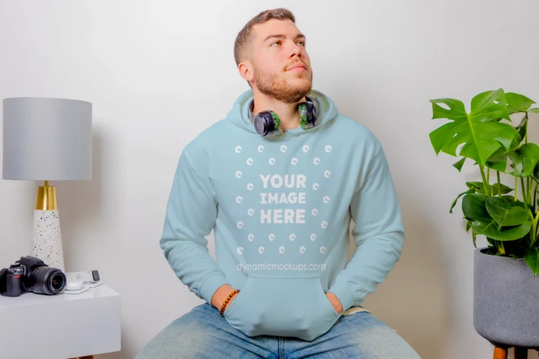 Man Wearing Light Blue Hoodie Mockup Front View Template