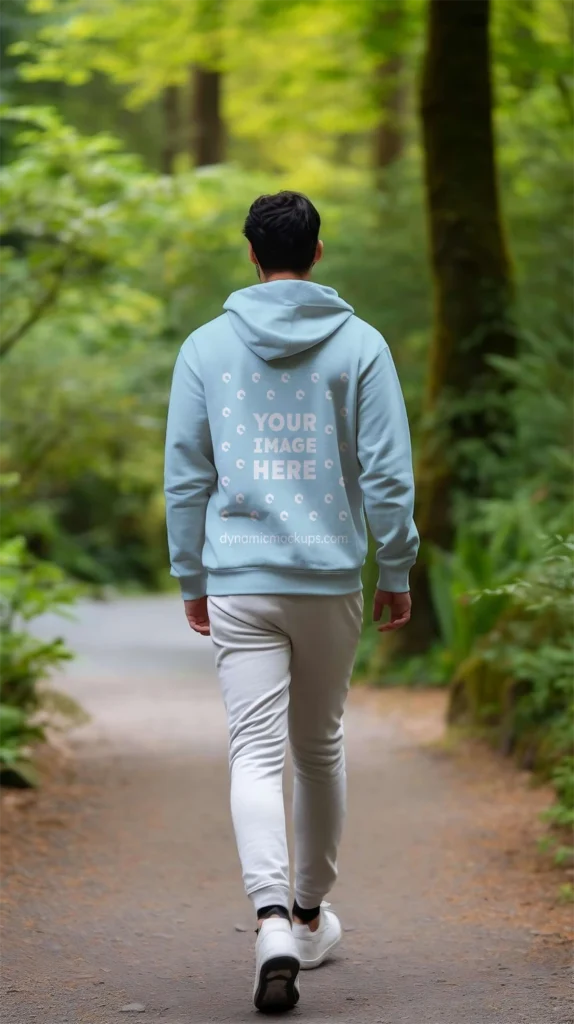 Man Wearing Light Blue Hoodie Mockup Back View Template