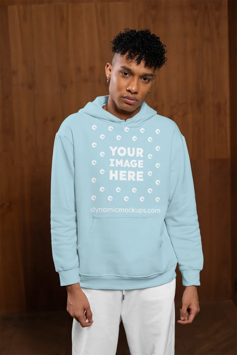 Man Wearing Light Blue Hoodie Mockup Front View Template