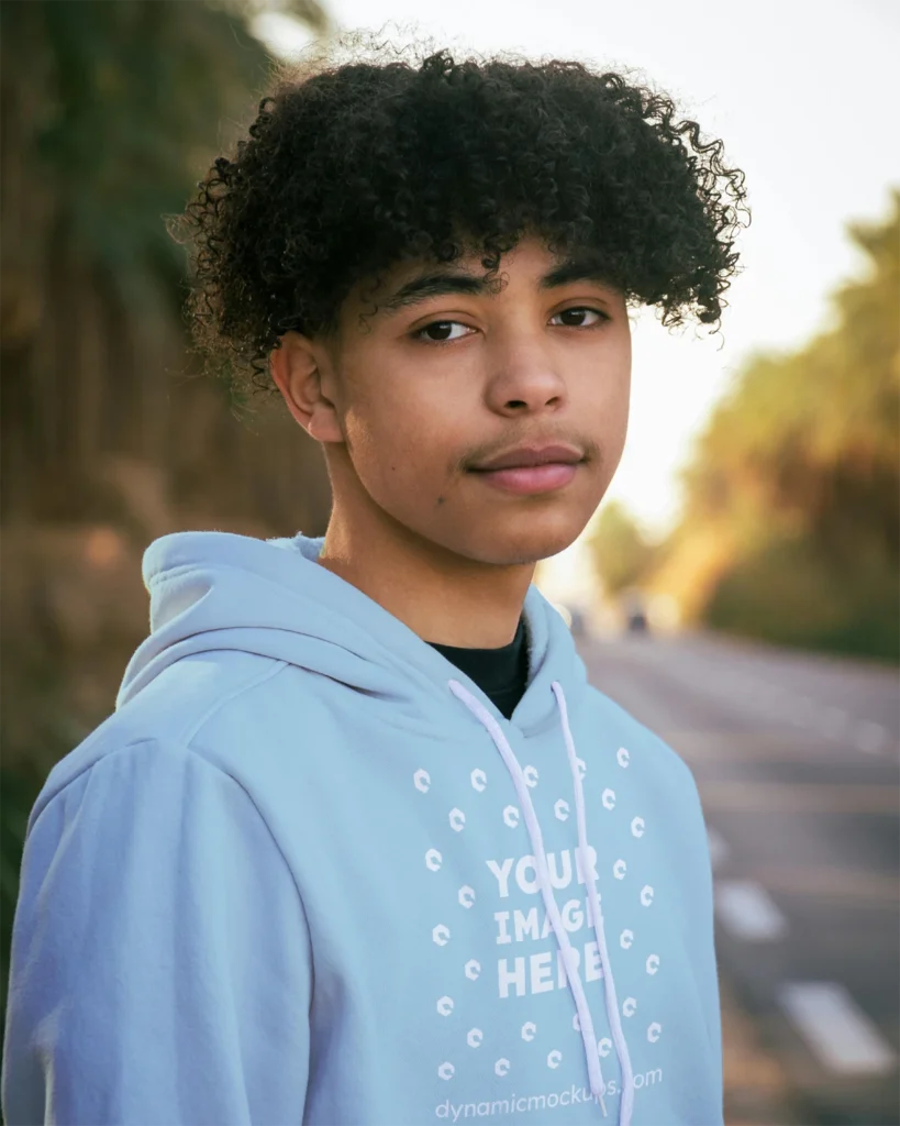 Man Wearing Light Blue Hoodie Mockup Front View Template