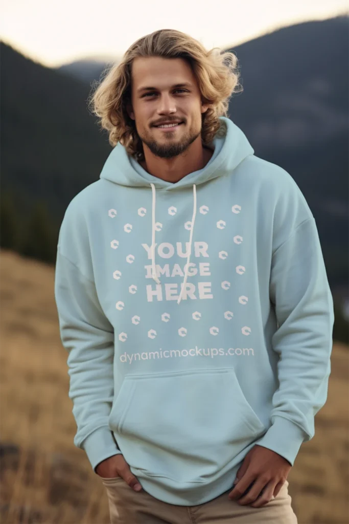 Man Wearing Light Blue Hoodie Mockup Front View Template