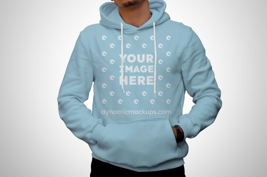 Man Wearing Light Blue Hoodie Mockup Front View Template