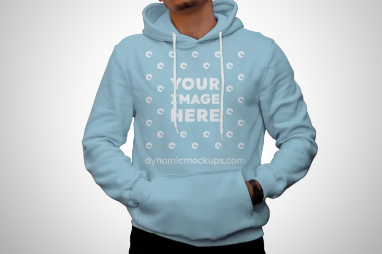 Man Wearing Light Blue Hoodie Mockup Front View Template