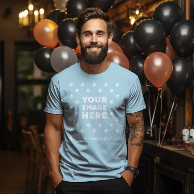 Man Wearing Light Blue T-shirt Mockup Front View Template