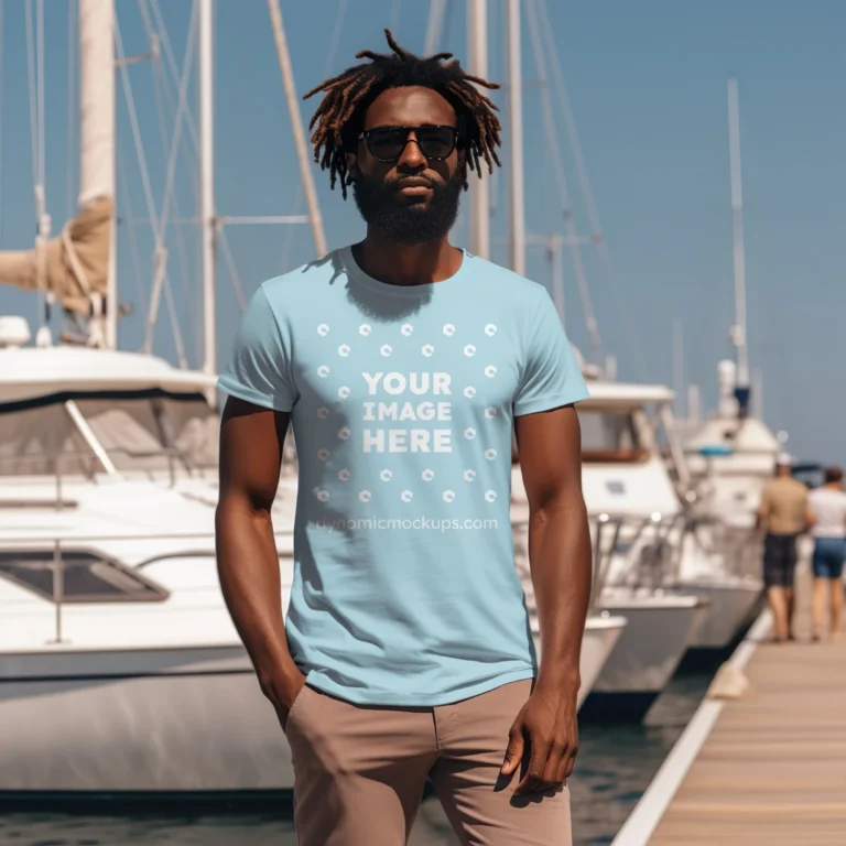 Man Wearing Light Blue T-shirt Mockup Front View Template