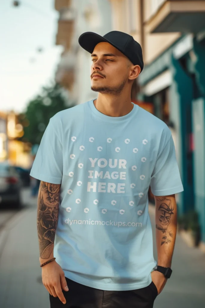 Man Wearing Light Blue T-shirt Mockup Front View Template