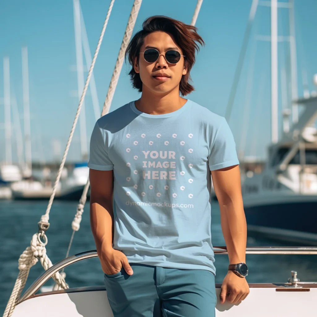 Man Wearing Light Blue T-shirt Mockup Front View Template