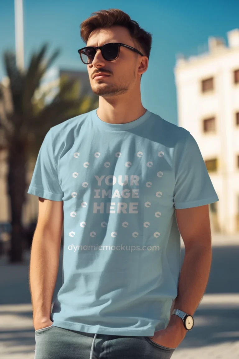 Man Wearing Light Blue T-shirt Mockup Front View Template