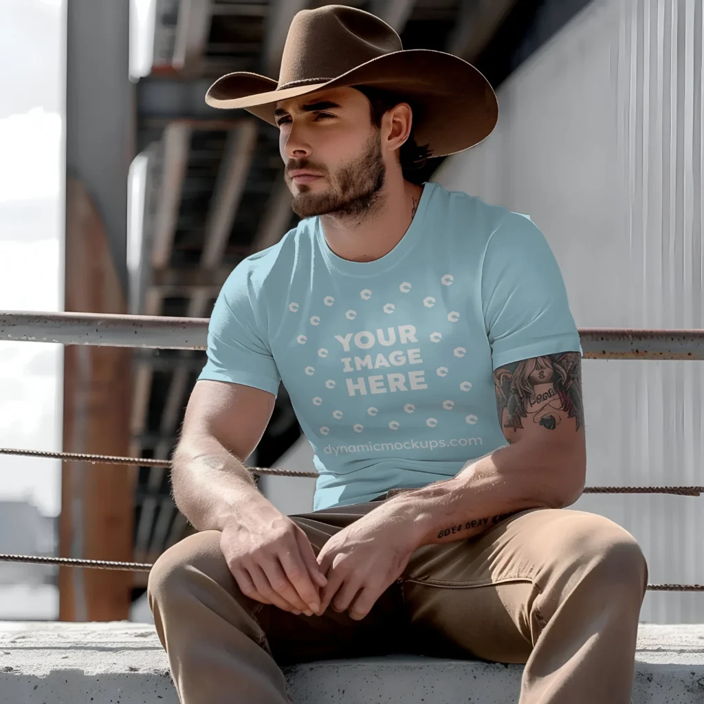 Man Wearing Light Blue T-shirt Mockup Front View Template