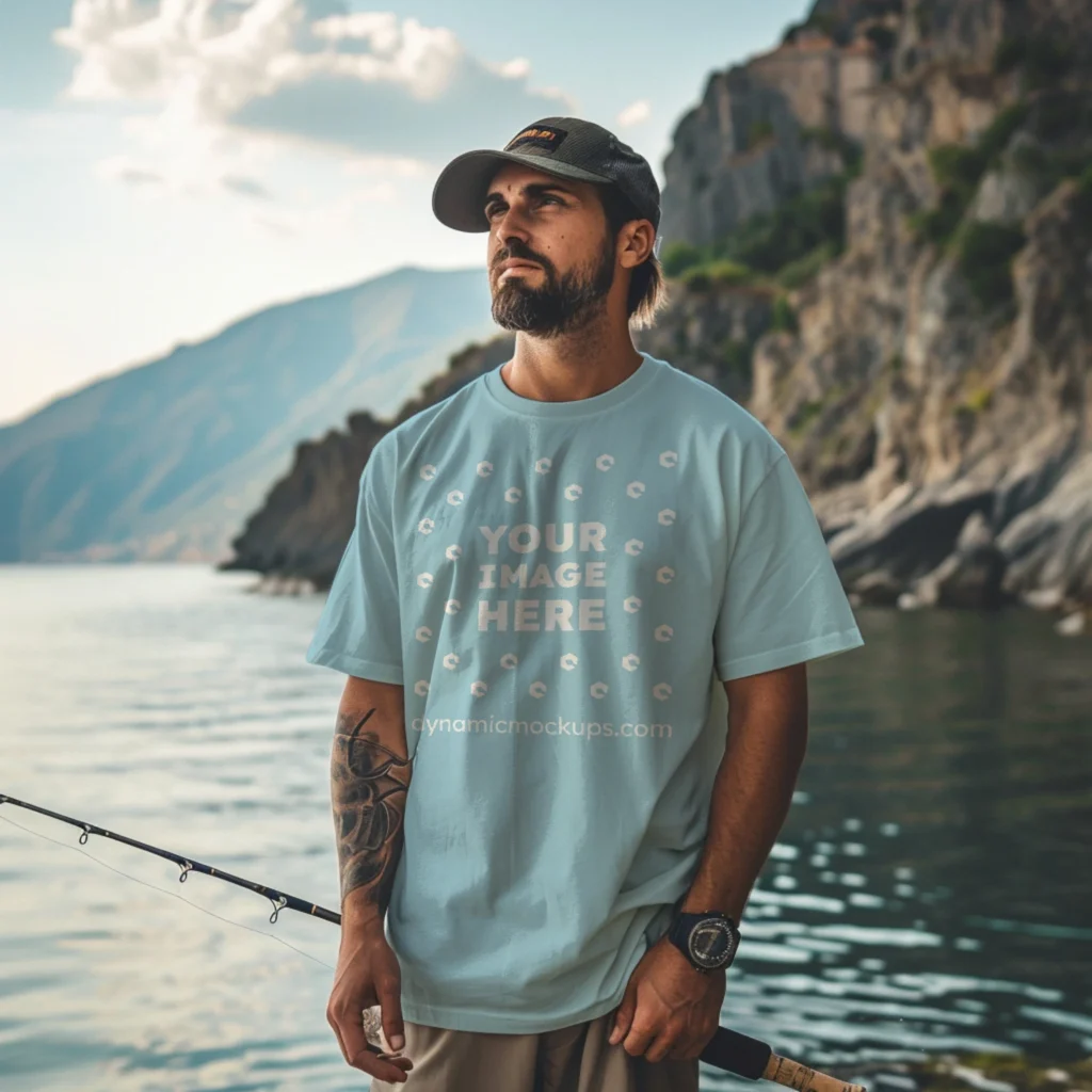 Man Wearing Light Blue T-shirt Mockup Front View Template