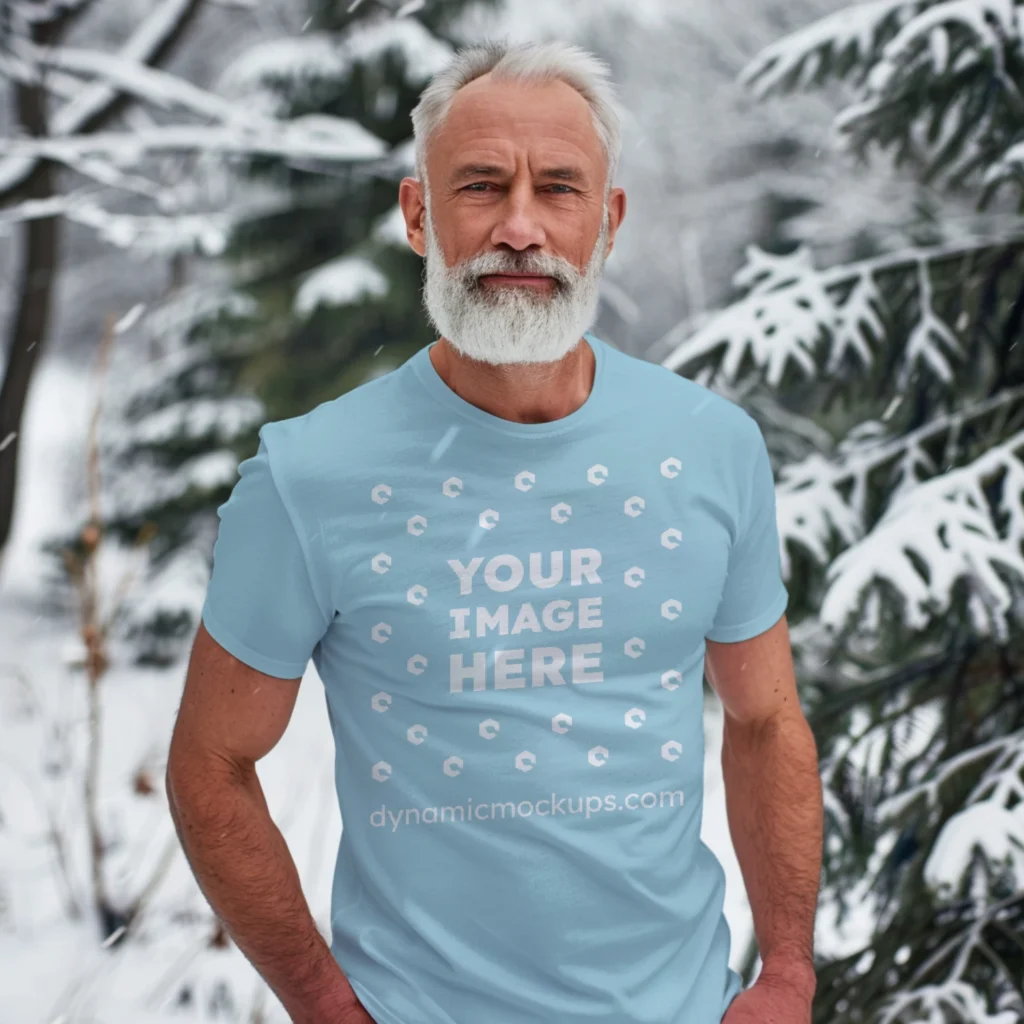 Man Wearing Light Blue T-shirt Mockup Front View Template