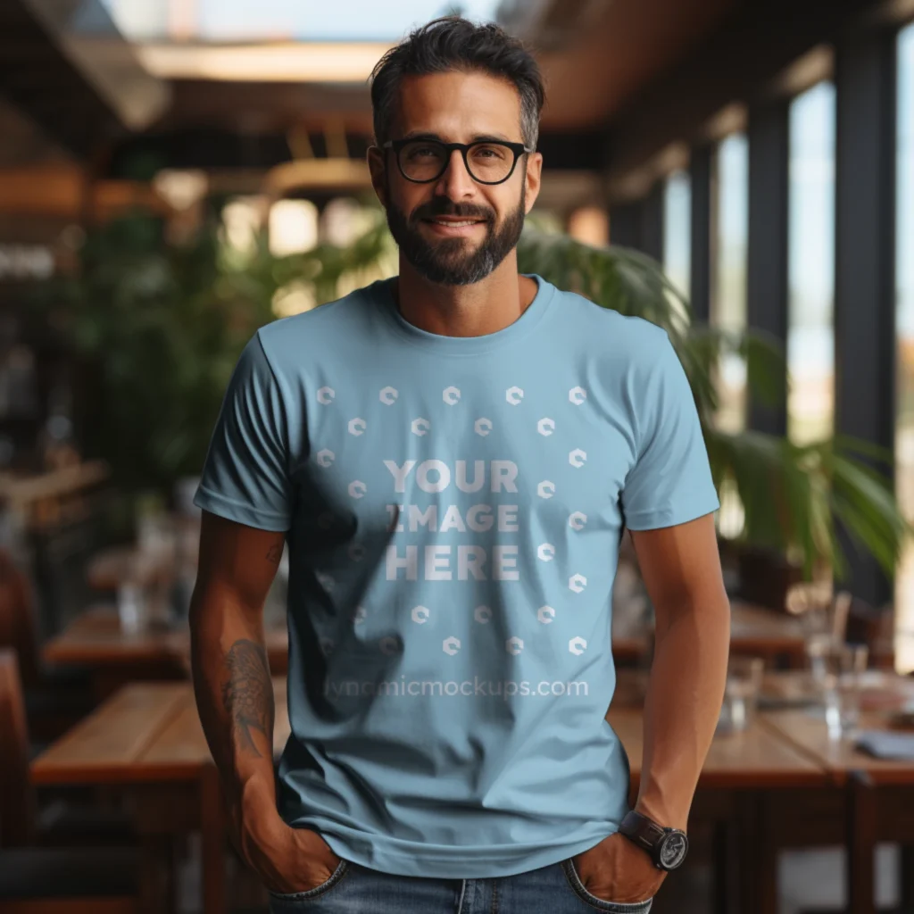 Man Wearing Light Blue T-shirt Mockup Front View Template