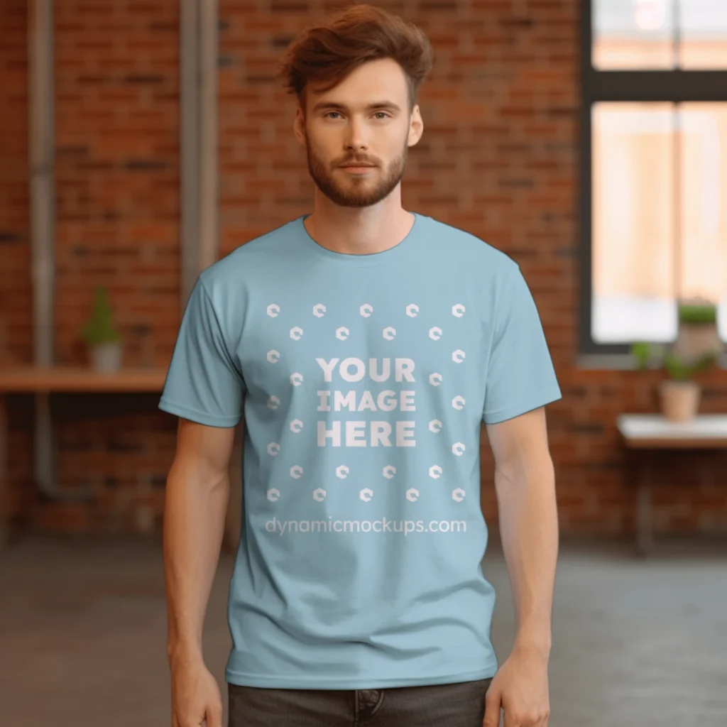 Man Wearing Light Blue T-shirt Mockup Front View Template