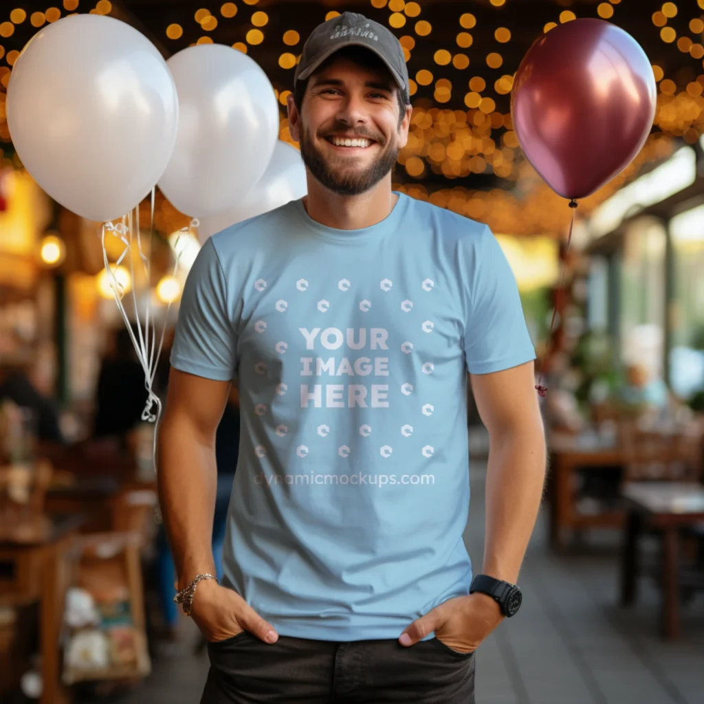 Man Wearing Light Blue T-shirt Mockup Front View Template