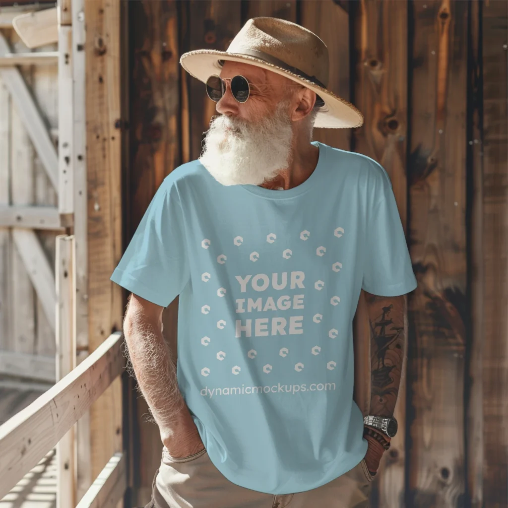 Man Wearing Light Blue T-shirt Mockup Front View Template