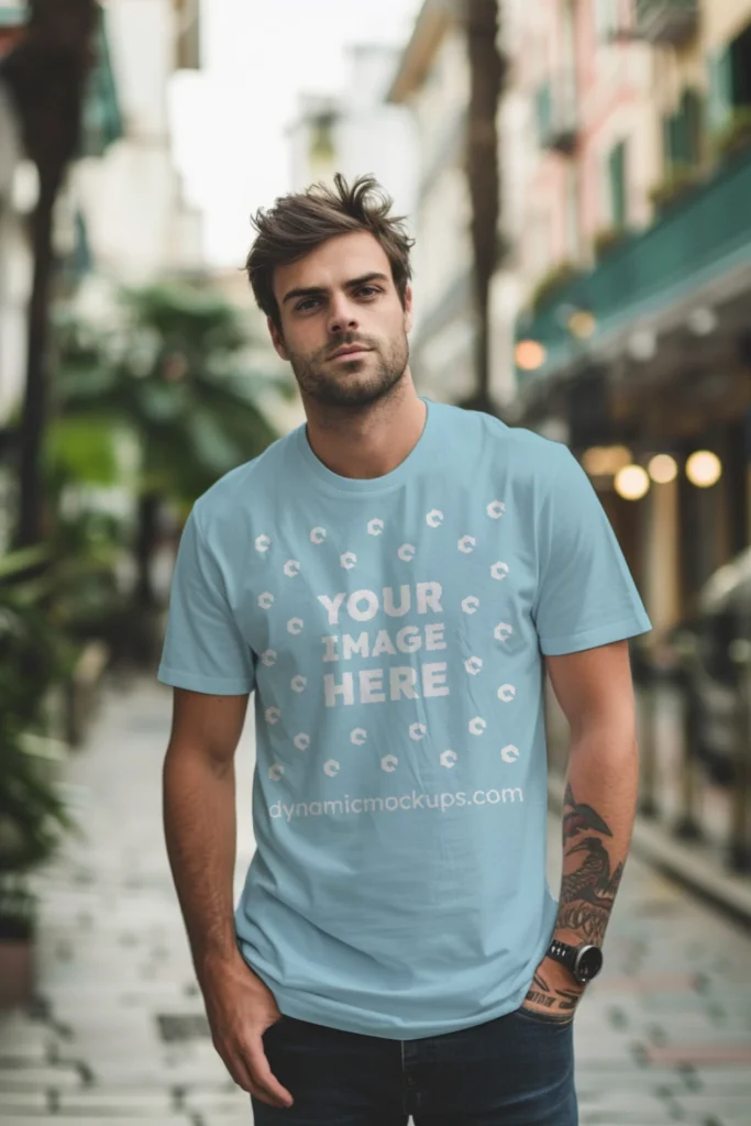 Man Wearing Light Blue T-shirt Mockup Front View Template