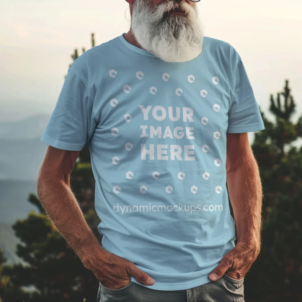 Man Wearing Light Blue T-shirt Mockup Front View Template