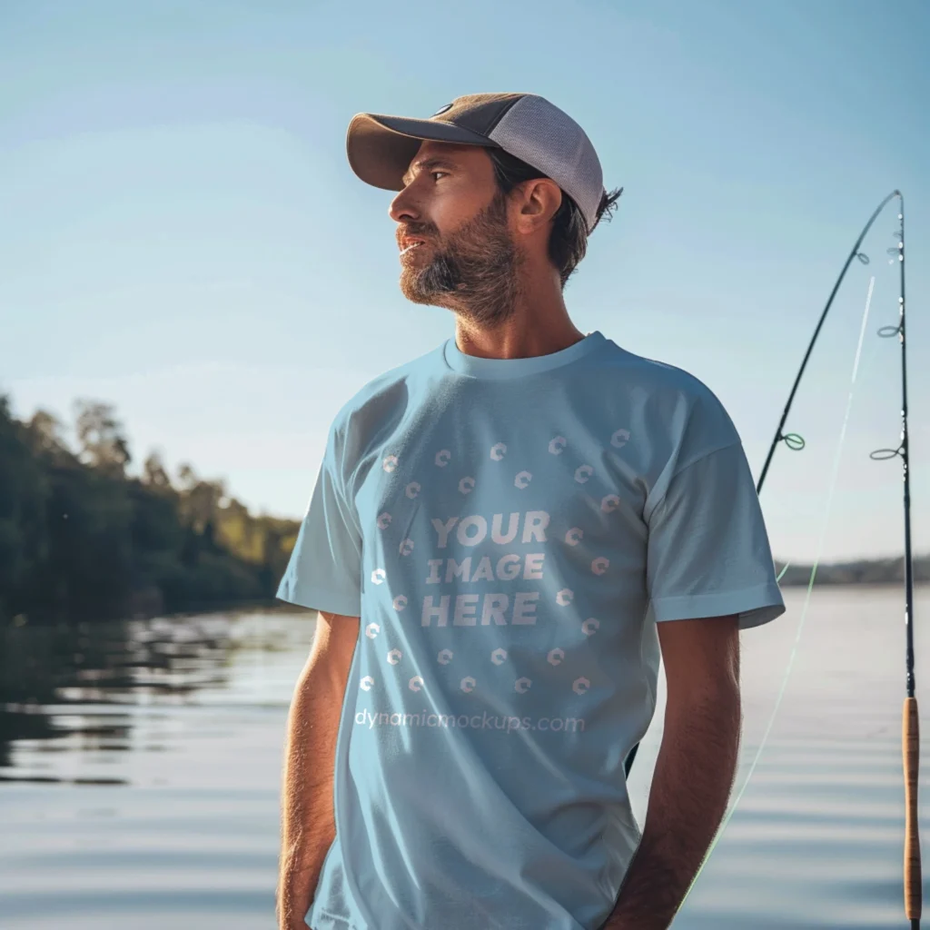 Man Wearing Light Blue T-shirt Mockup Front View Template