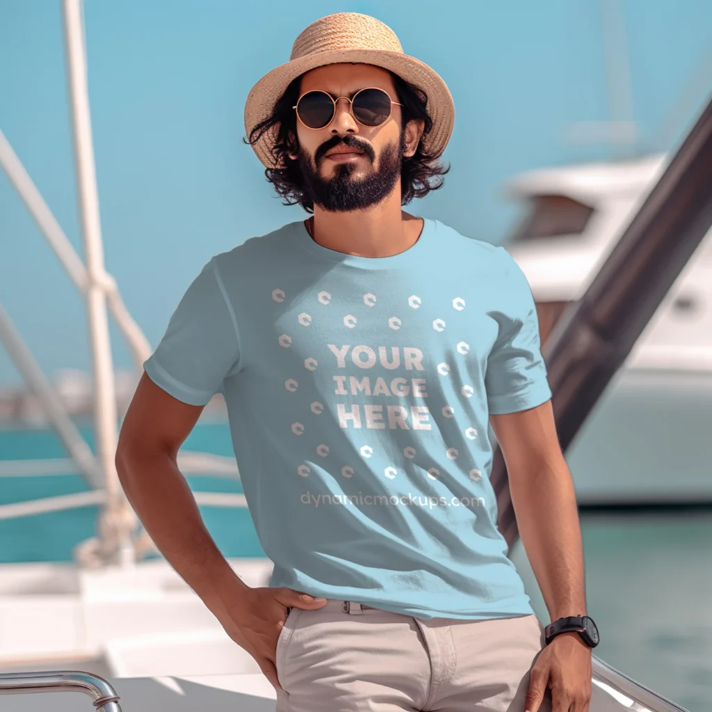 Man Wearing Light Blue T-shirt Mockup Front View Template