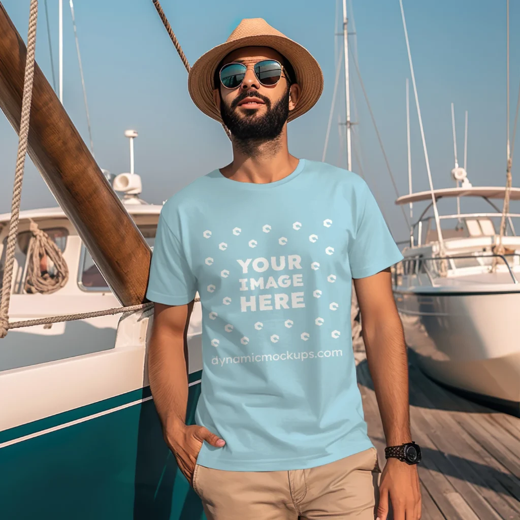 Man Wearing Light Blue T-shirt Mockup Front View Template