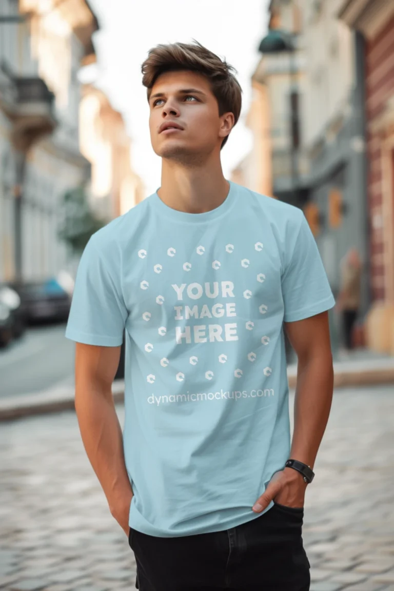 Man Wearing Light Blue T-shirt Mockup Front View Template