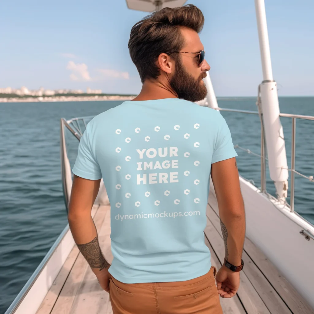 Man Wearing Light Blue T-shirt Mockup Back View Template