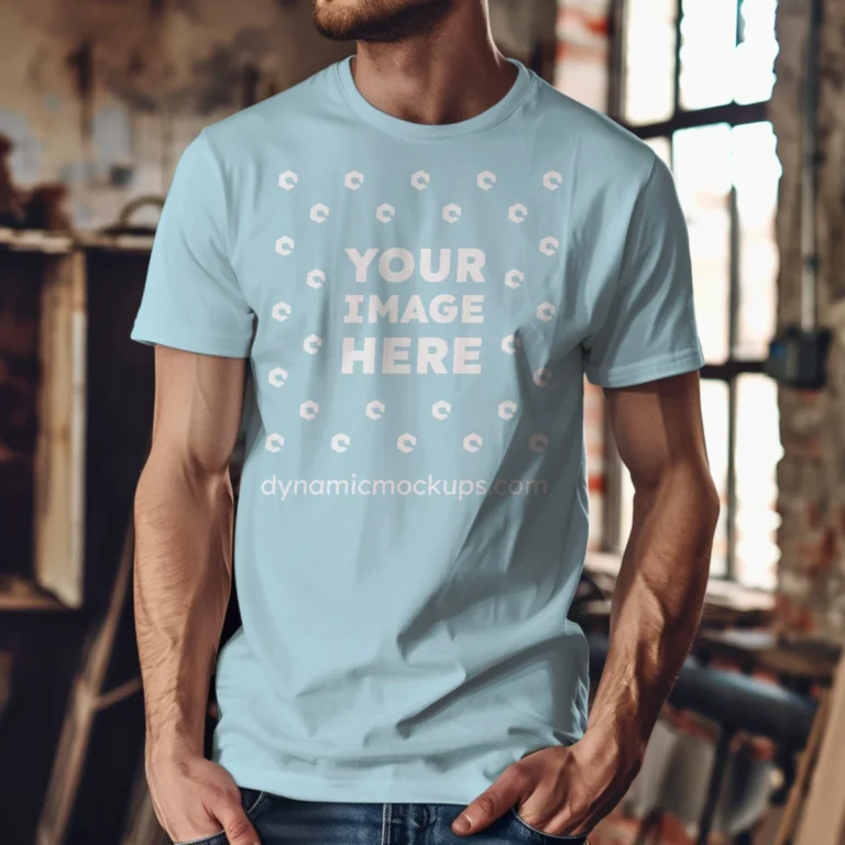 Man Wearing Light Blue T-shirt Mockup Front View Template