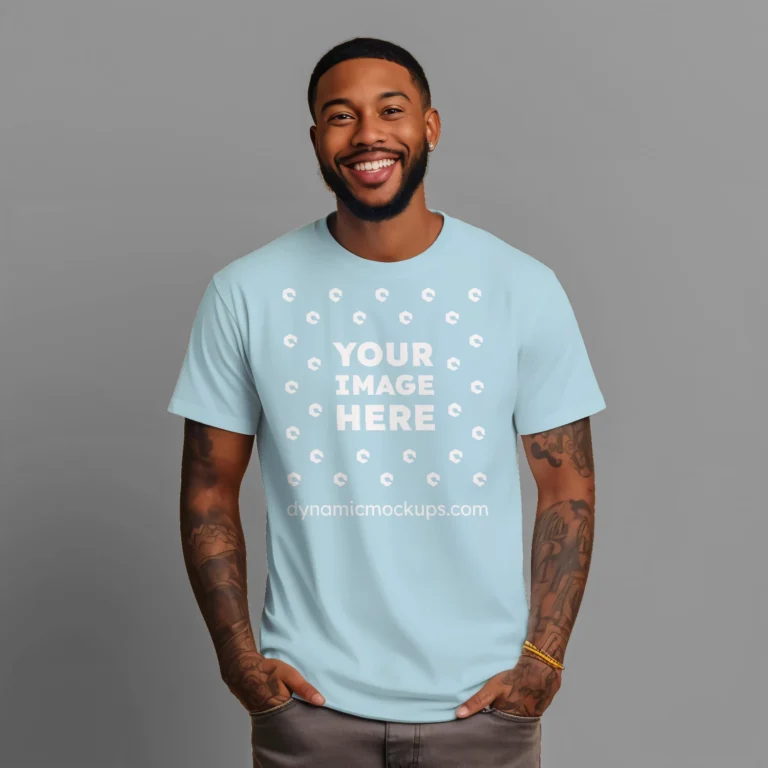 Man Wearing Light Blue T-shirt Mockup Front View Template