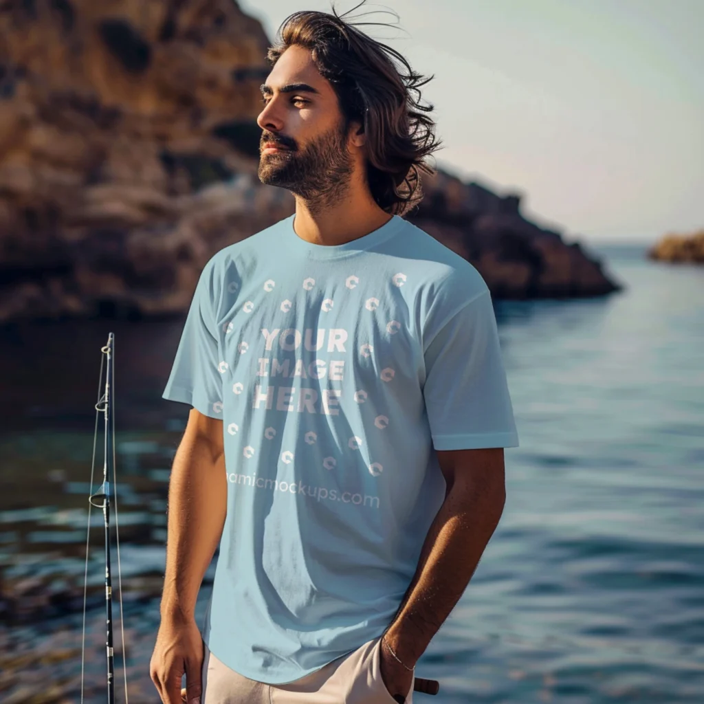 Man Wearing Light Blue T-shirt Mockup Front View Template