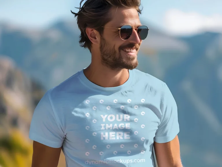 Man Wearing Light Blue T-shirt Mockup Front View Template