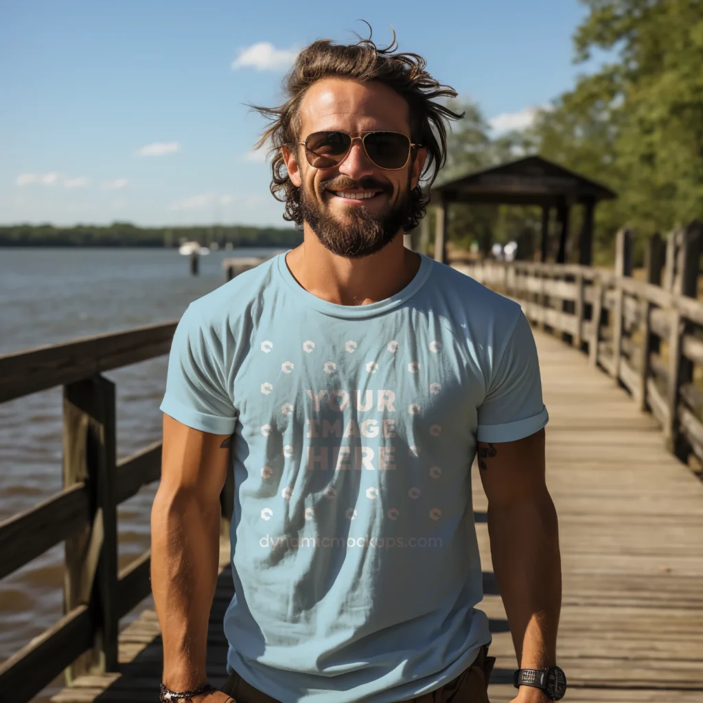 Man Wearing Light Blue T-shirt Mockup Front View Template