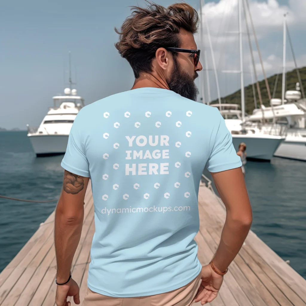 Man Wearing Light Blue T-shirt Mockup Back View Template