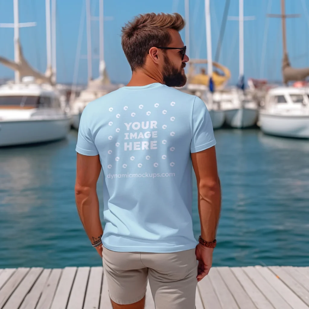 Man Wearing Light Blue T-shirt Mockup Back View Template