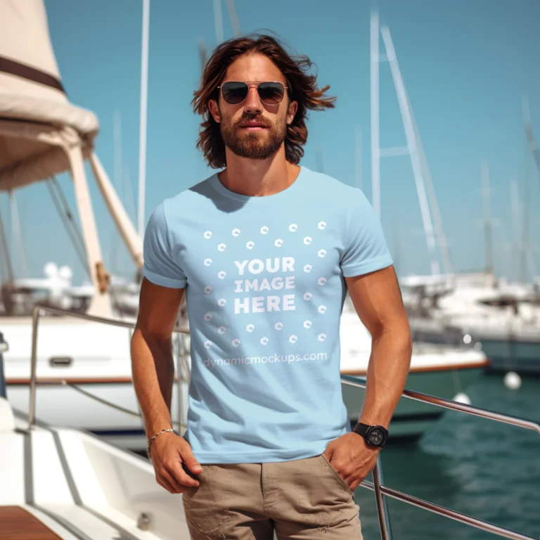 Man Wearing Light Blue T-shirt Mockup Front View Template