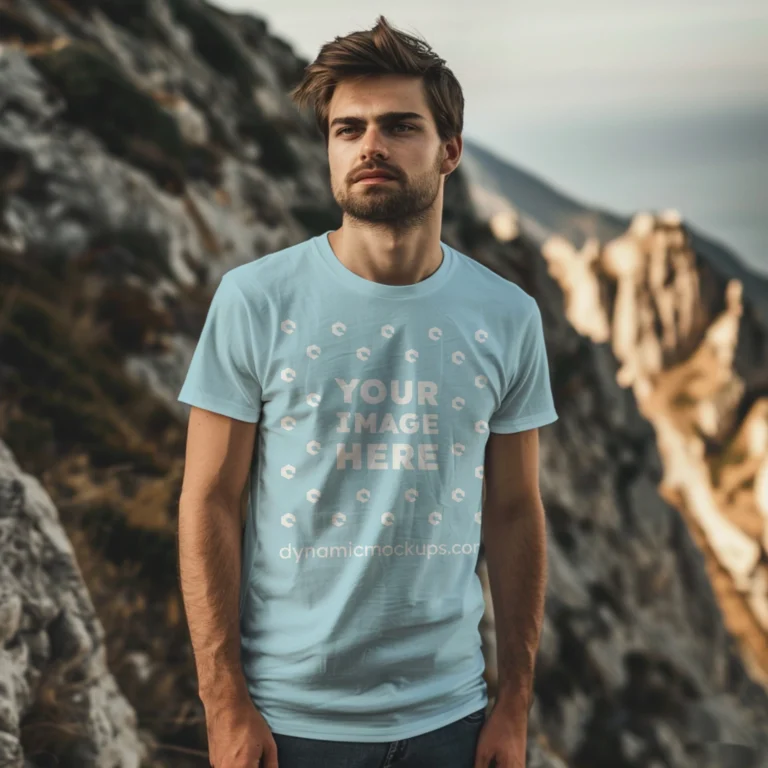 Man Wearing Light Blue T-shirt Mockup Front View Template