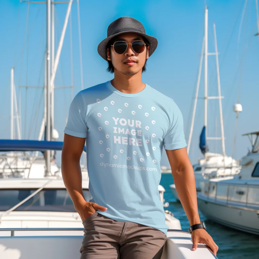 Man Wearing Light Blue T-shirt Mockup Front View Template