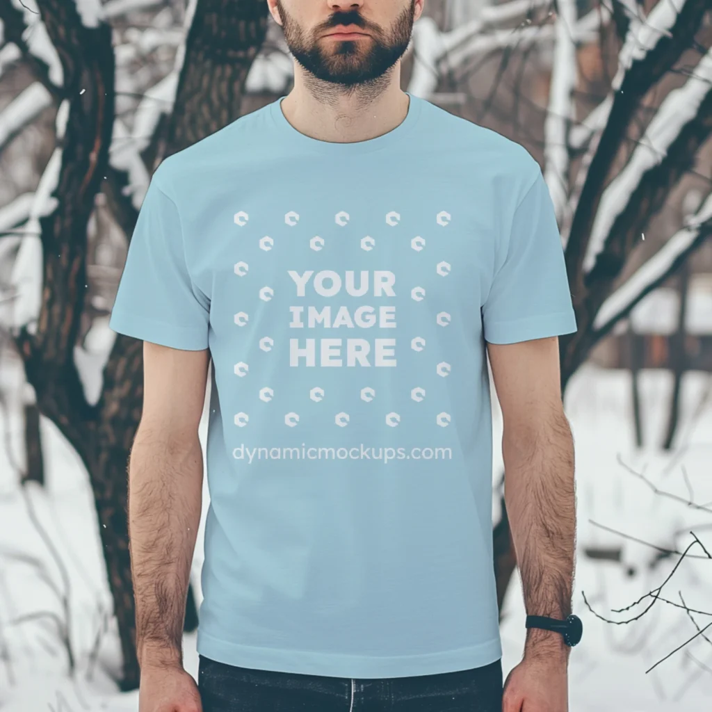 Man Wearing Light Blue T-shirt Mockup Front View Template