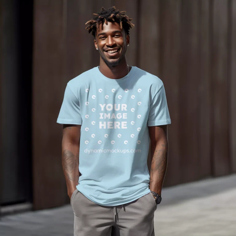 Man Wearing Light Blue T-shirt Mockup Front View Template