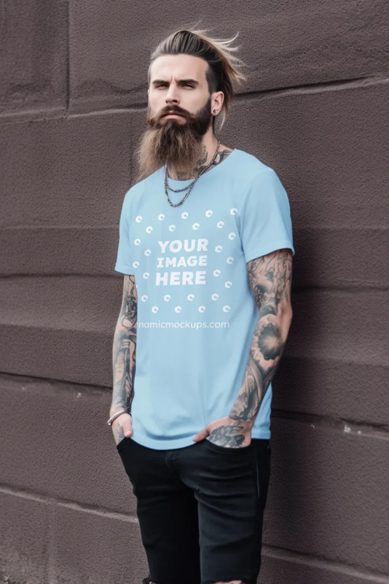 Man Wearing Light Blue T-shirt Mockup Front View Template