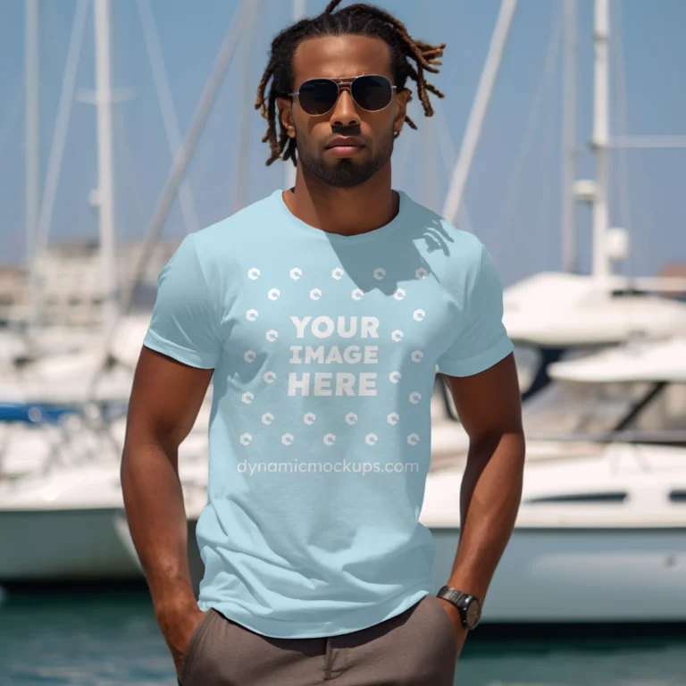 Man Wearing Light Blue T-shirt Mockup Front View Template