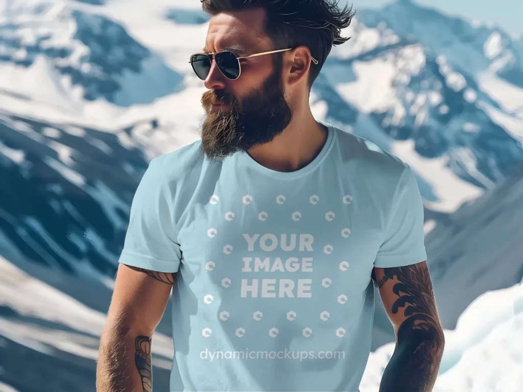 Man Wearing Light Blue T-shirt Mockup Front View Template