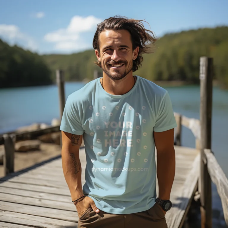 Man Wearing Light Blue T-shirt Mockup Front View Template