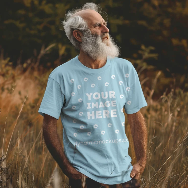 Man Wearing Light Blue T-shirt Mockup Front View Template