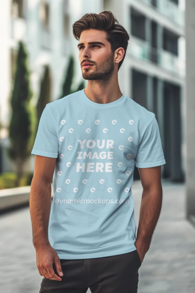 Man Wearing Light Blue T-shirt Mockup Front View Template