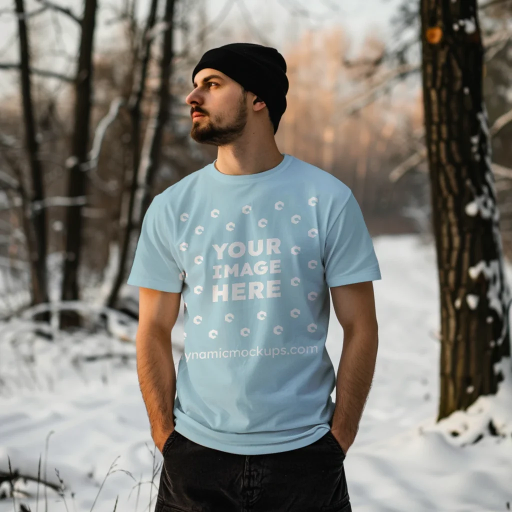 Man Wearing Light Blue T-shirt Mockup Front View Template