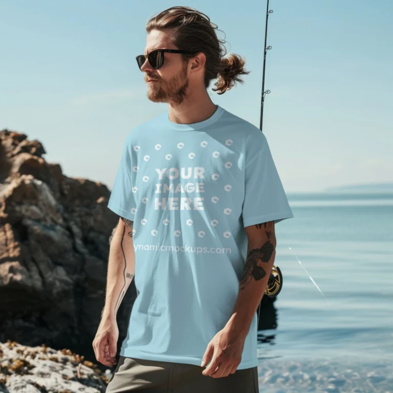 Man Wearing Light Blue T-shirt Mockup Front View Template