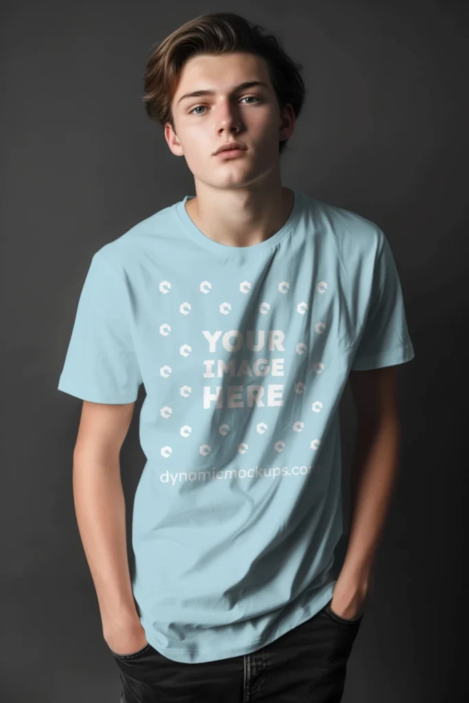 Man Wearing Light Blue T-shirt Mockup Front View Template