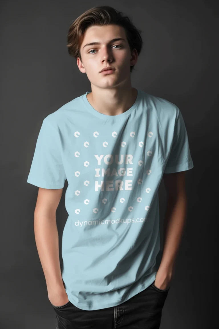 Man Wearing Light Blue T-shirt Mockup Front View Template