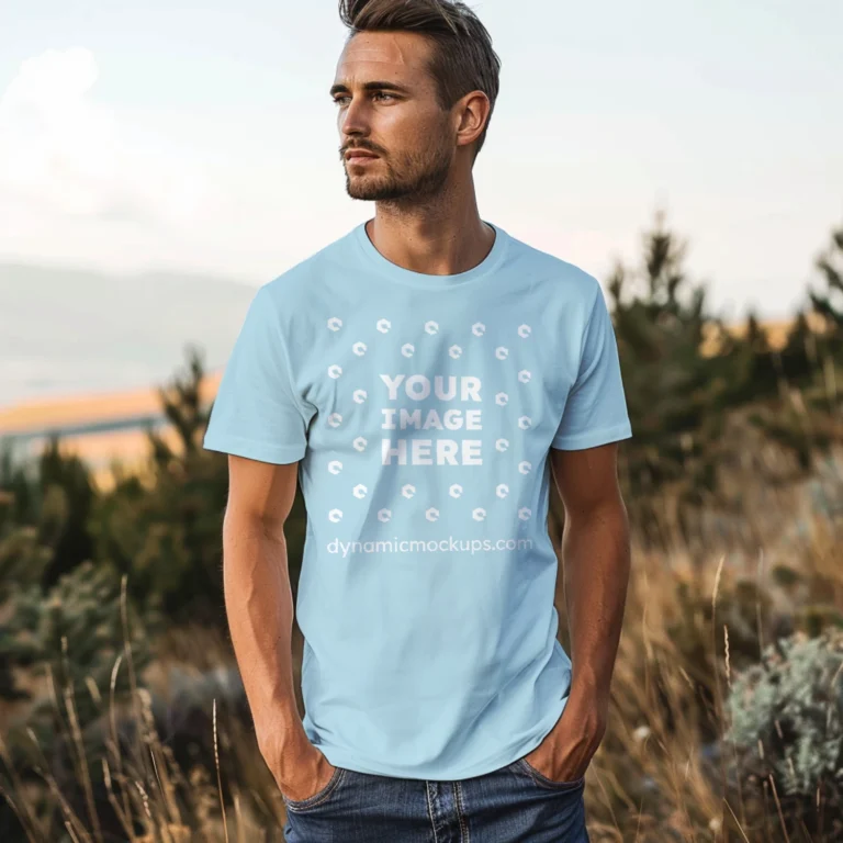 Man Wearing Light Blue T-shirt Mockup Front View Template