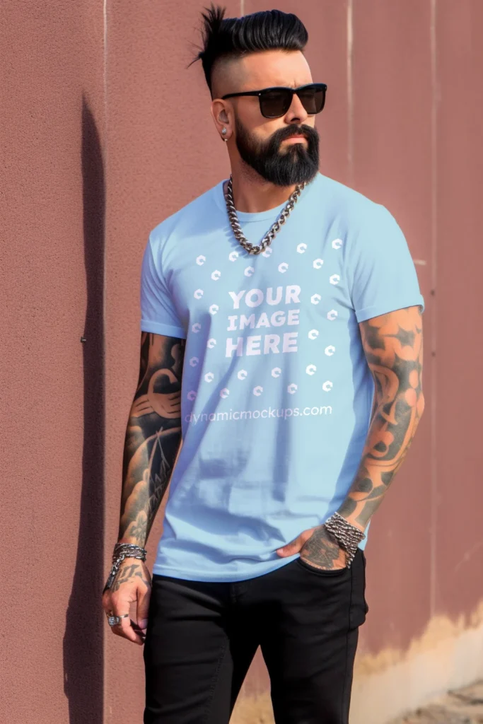 Man Wearing Light Blue T-shirt Mockup Front View Template